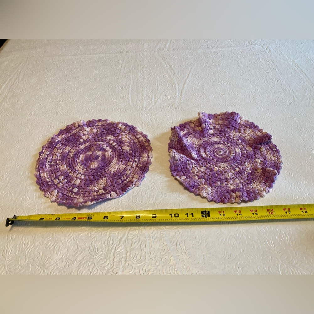 Vintage Handmade Purple Crochet Round Doilies - Set of 2 60s or 70s
